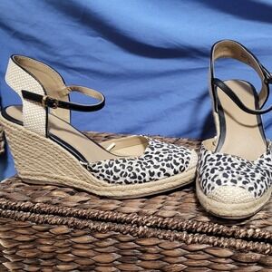 ANN TAYLOR LOFT Espadrille Wedge Ankle Strap Leopard Print Shoes/Sandals